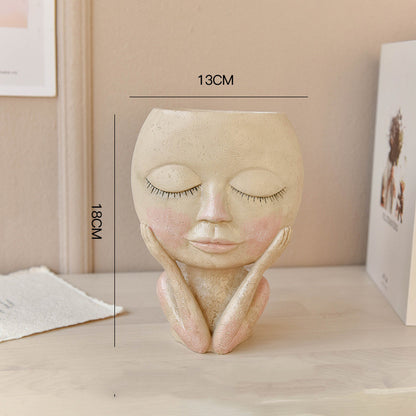 Face Head Design Sculpture Flower Planter Garden Indoor Plant Pot