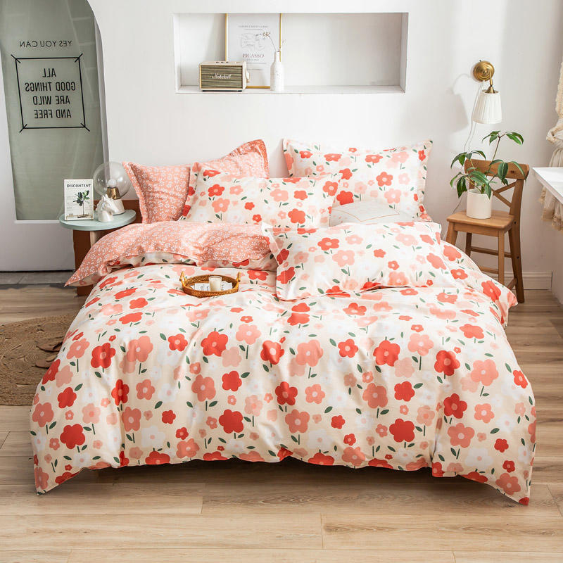 Cotton Bed Linen Set - Floral 4-Piece with Duvet Cover | Soft Breathable | Twin Queen King