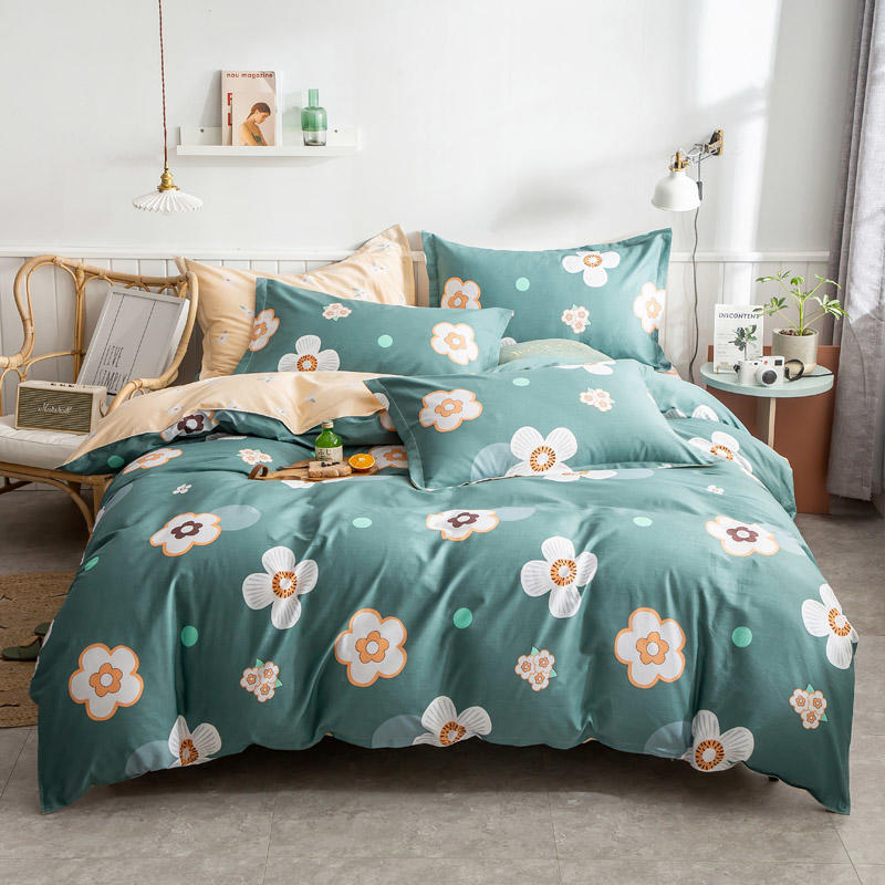 Cotton Bed Linen Set - Floral 4-Piece with Duvet Cover | Soft Breathable | Twin Queen King