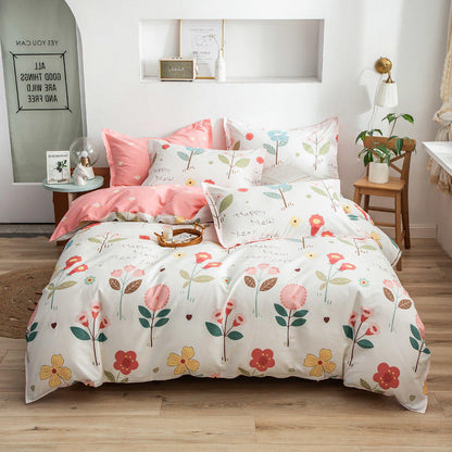 Cotton Bed Linen Set - Floral 4-Piece with Duvet Cover | Soft Breathable | Twin Queen King