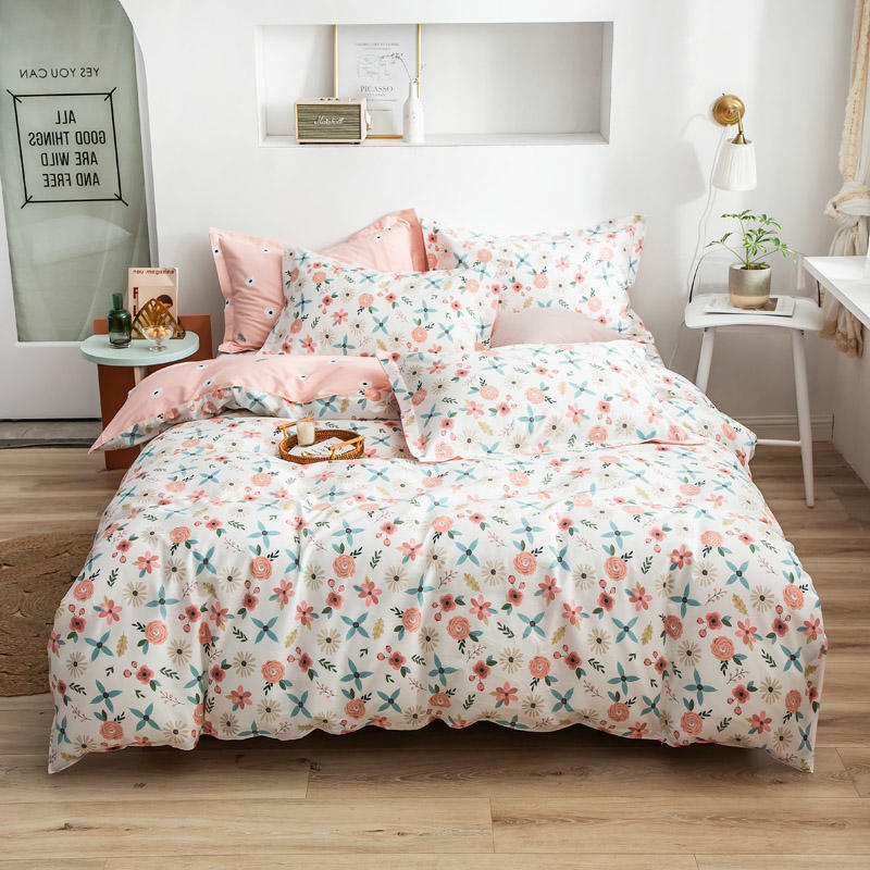 Cotton Bed Linen Set - Floral 4-Piece with Duvet Cover | Soft Breathable | Twin Queen King