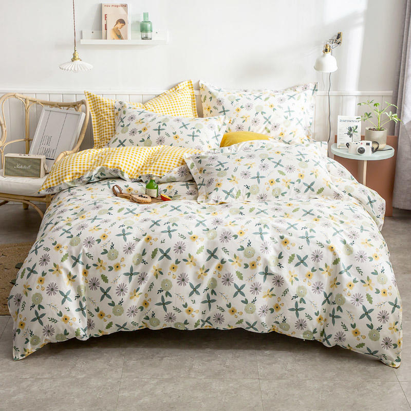 Cotton Bed Linen Set - Floral 4-Piece with Duvet Cover | Soft Breathable | Twin Queen King