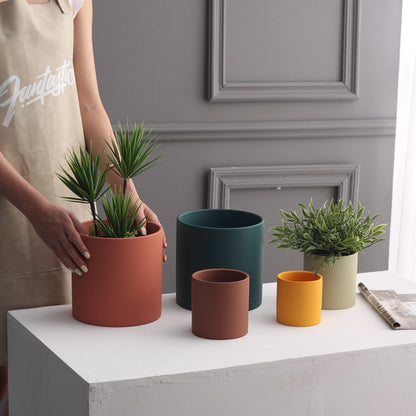 Nordic Colorful Ceramic Cylindrical Shape Flower Pot With Hole Tray