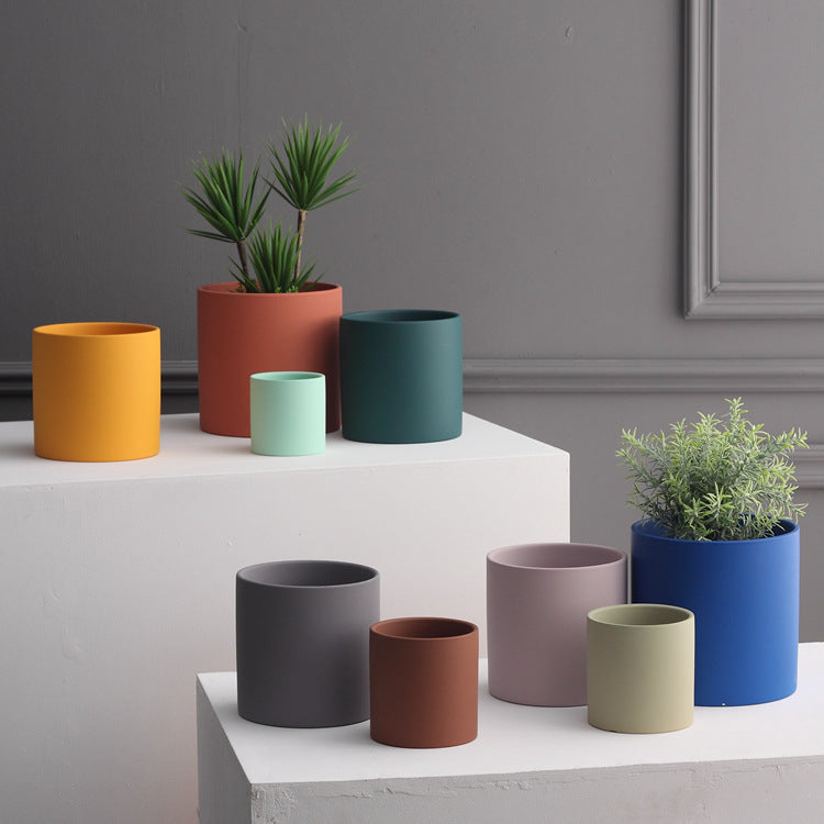 Nordic Colorful Ceramic Cylindrical Shape Flower Pot With Hole Tray