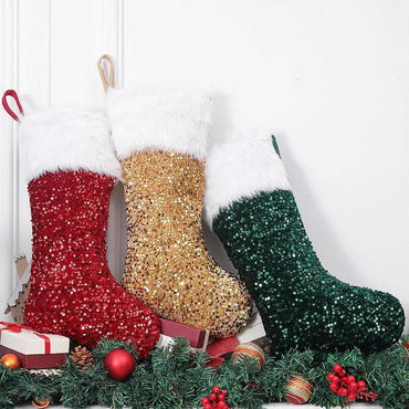 3 Pcs set Christmas Decorations Sequin Plush Xmas Gifts Socks Kids Favor Gift Bags Xmas Ornaments For Home Merry Christmas Party Supplies