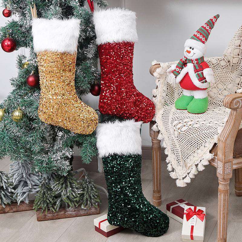 3 Pcs set Christmas Decorations Sequin Plush Xmas Gifts Socks Kids Favor Gift Bags Xmas Ornaments For Home Merry Christmas Party Supplies