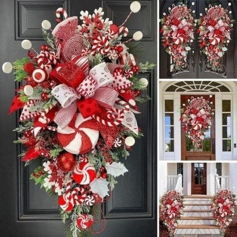 Christmas Candy Cane Swag Door Hanging Upside Down Tree Artificial Wreath Door Pendant Handmade Festival Theme for Wall Door Home Decoration