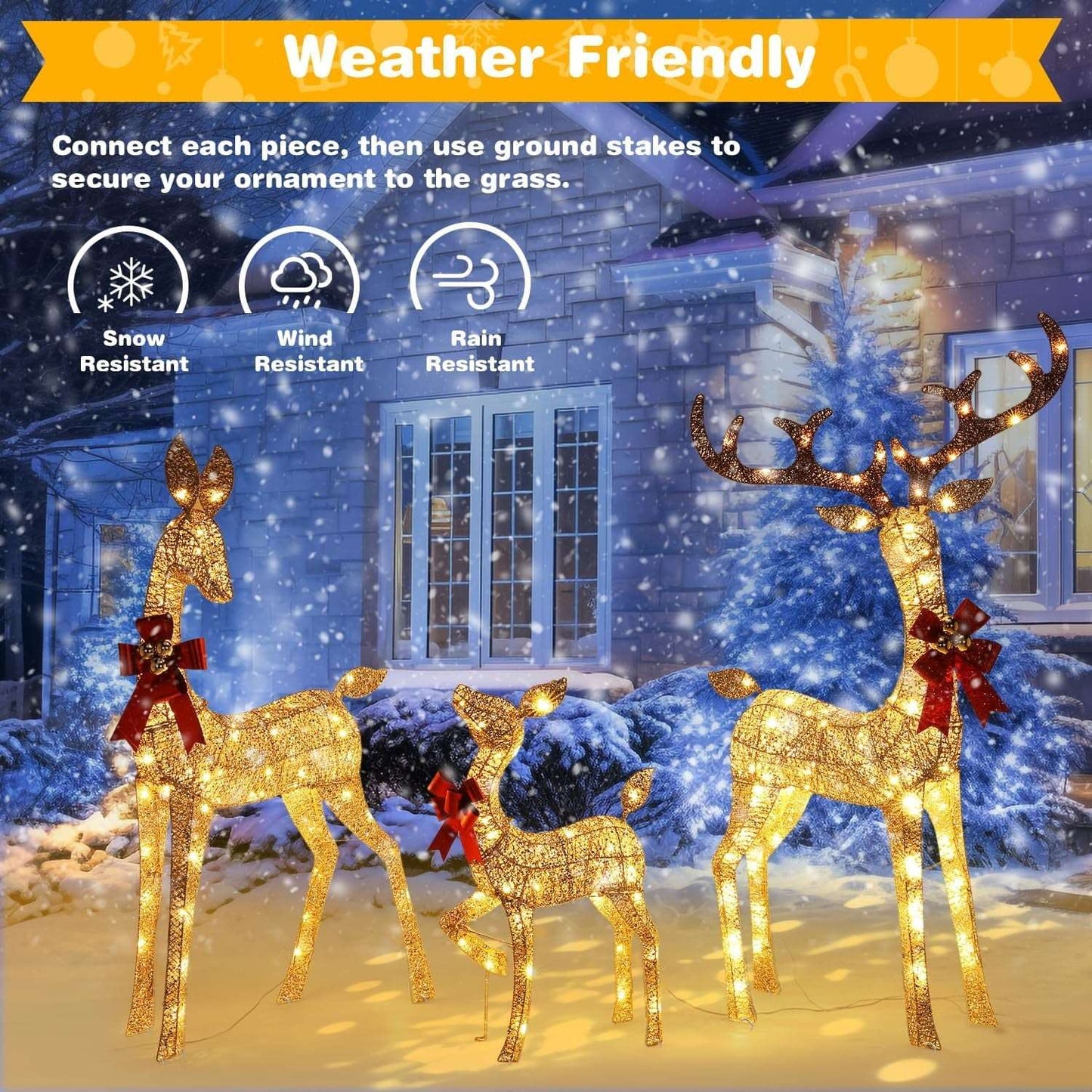 3-Piece Large Lighted Christmas Deer Family Set for Outdoor Yard Holiday Christmas Decor w/ 210 LED Lights, Stakes, Zip Ties Secured Gold
