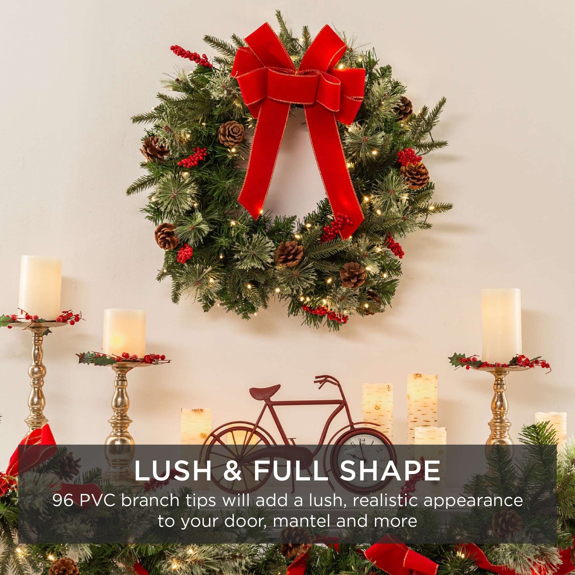 24 inch Christmas wreath with red ribbon accent