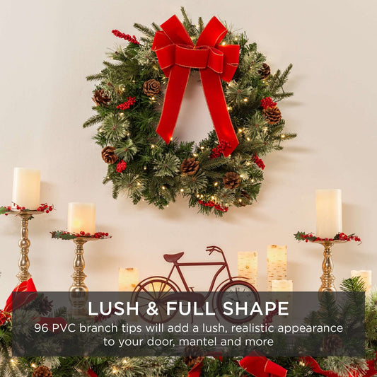 24 inch Christmas wreath with red ribbon accent