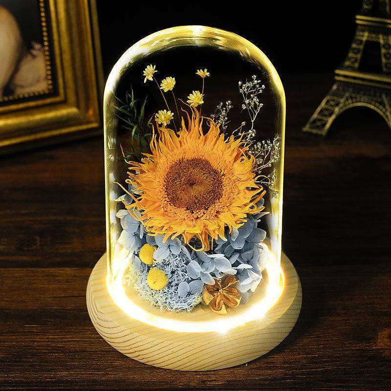 Eternal Sunflower in Glass Dome, Artificial Flower Preserved Fresh Flower Light Decoration Gift Box