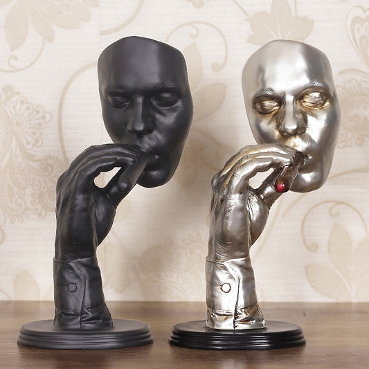 Retro Meditators Abstract Sculpture Man Smoking Cigar Creative Face Statue Character Resin Figurine Artwork Home Decor