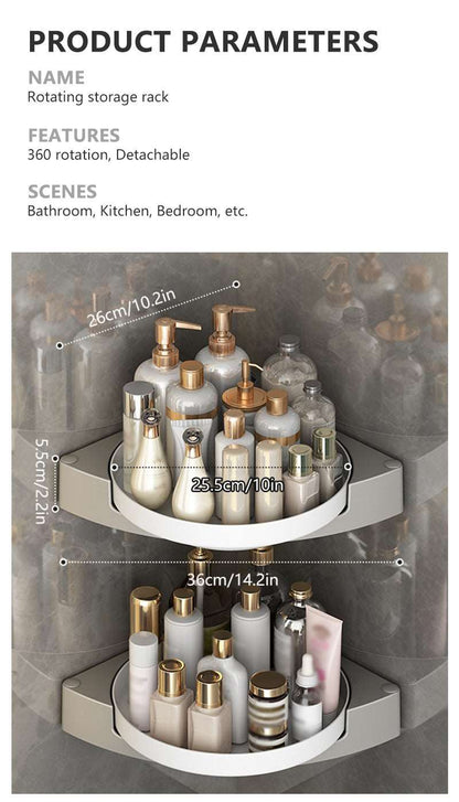 360 rotating bathroom shelf fully organized with products