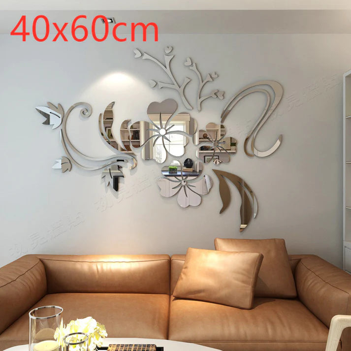 3D acrylic flower mirror sticker on blue wall home decor