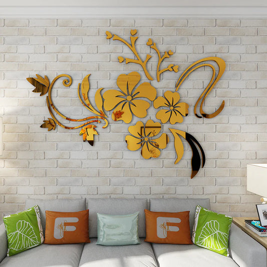 Gold 3D acrylic flower wall stickers on brick wall living room