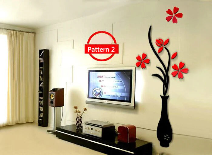 3D acrylic vase flower sticker on dark hallway wall