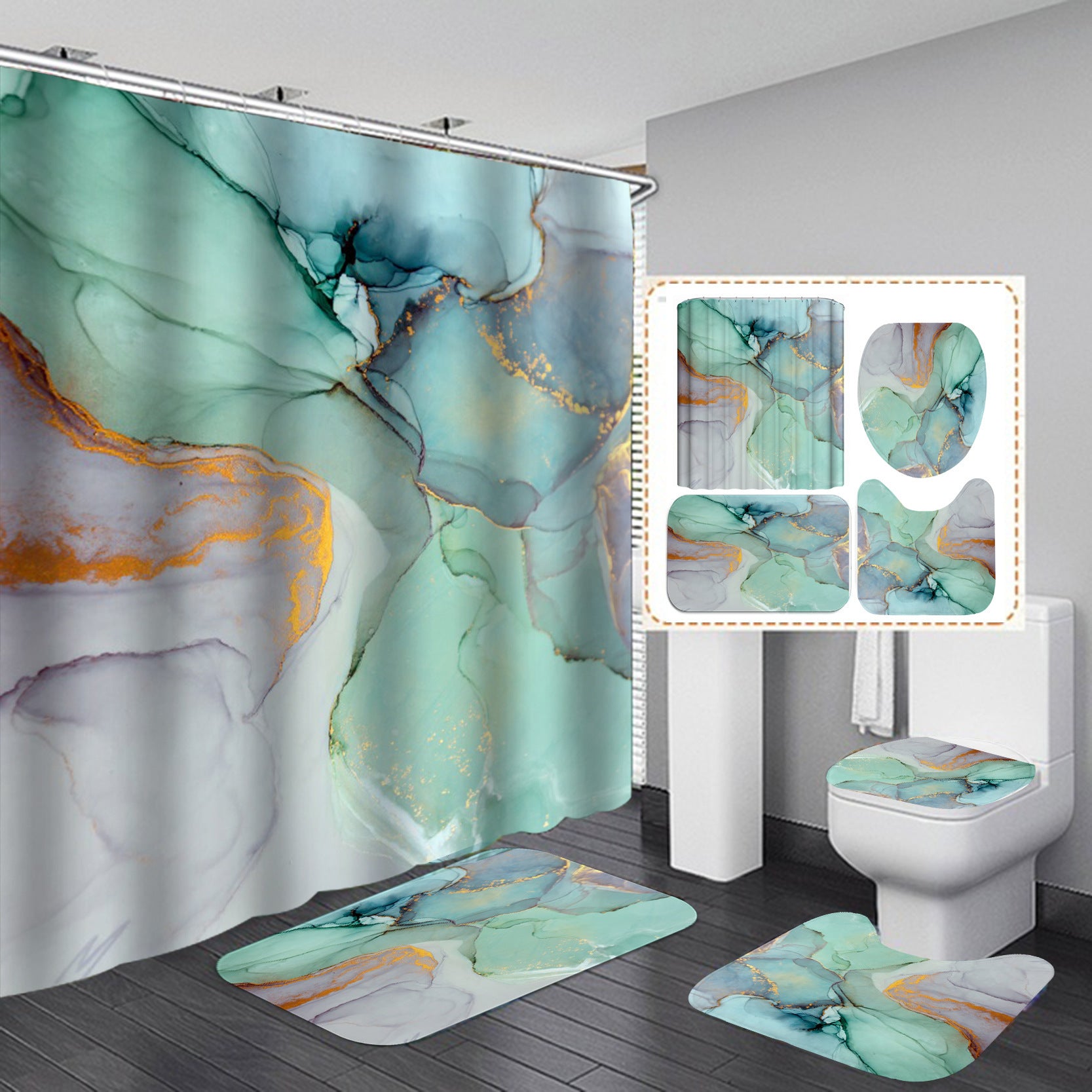Close-up of the 3D depth effect print on the waterproof polyester shower curtain
