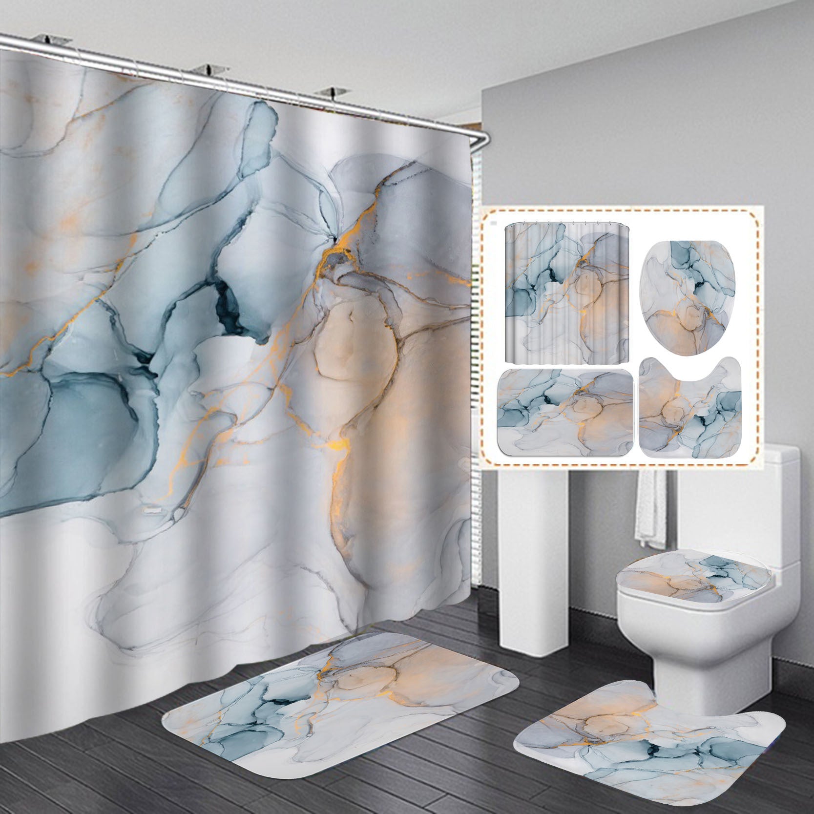 Full 3 piece shower curtain set with floor mat toilet mat and seat cover in a bathroom
