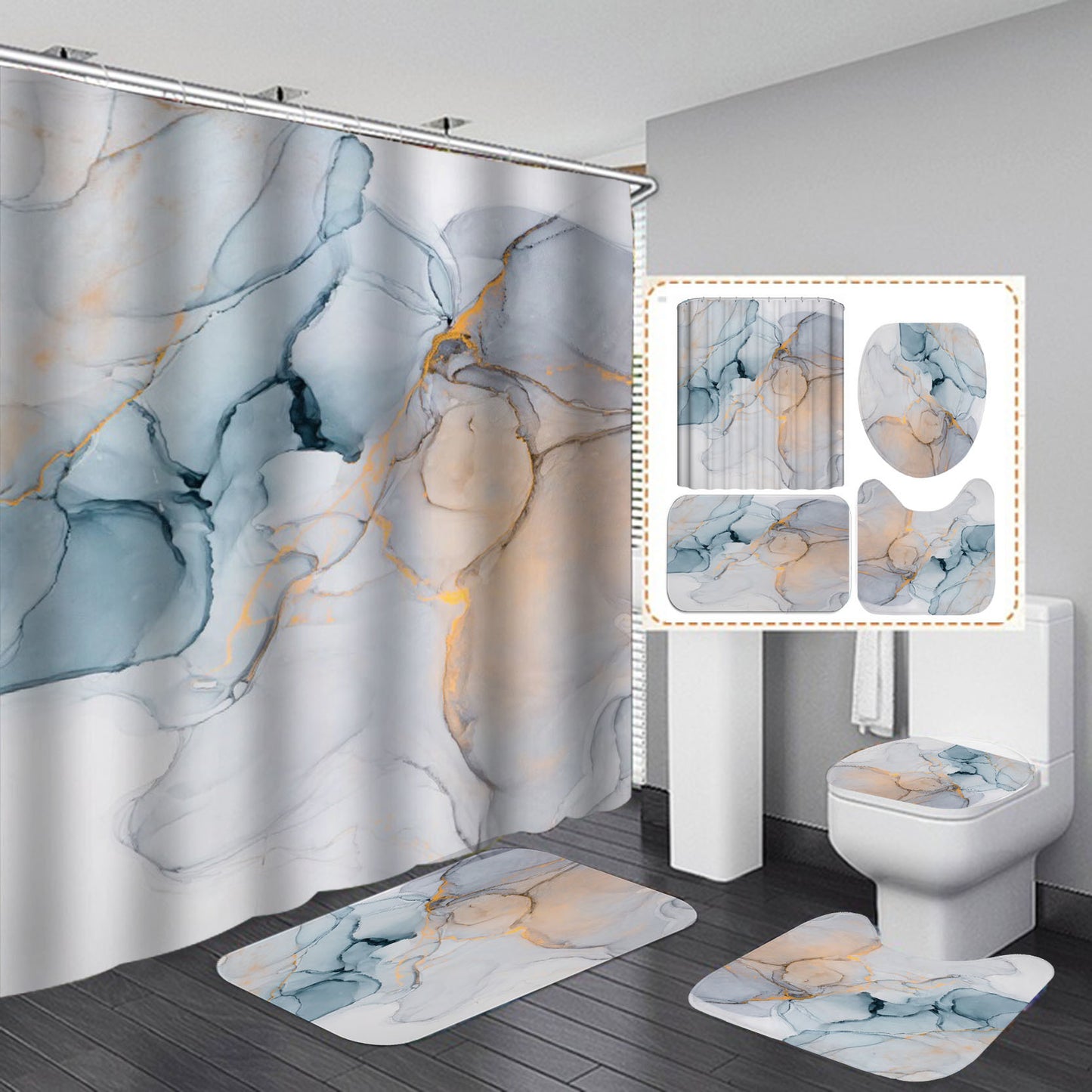 3D print shower curtain with anti slip bath mat set styled in a modern bathroom
