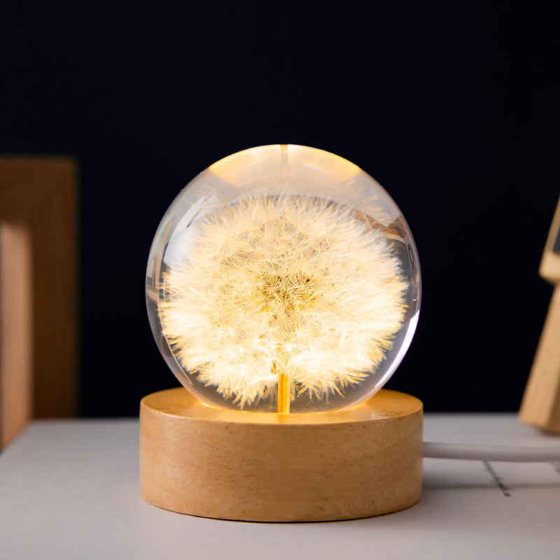 Luminous 3D Dandelion Beech Wooden Base Crystal Ball - Splendas