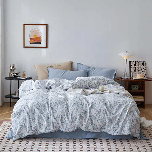 4 piece cotton bedding set blooming pinellia blue queen bedroom