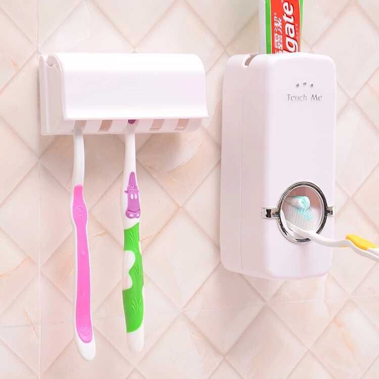 Wall Mounted Toothpaste Dispenser Holder With 5 pcs Toothbrush Holder