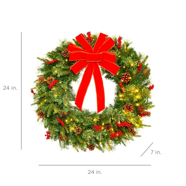 24in Pre-Lit Battery Powered Christmas Wreath Decoration w/ 70 Lights, 96 PVC Tips, Ribbons