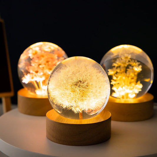 Luminous 3D Dandelion Crystal Ball Beech Wood Stand Base Perfect for Christmas Gifts