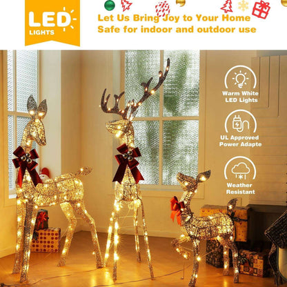 3-Piece Large Lighted Christmas Deer Family Set for Outdoor Yard Holiday Christmas Decor w/ 210 LED Lights, Stakes, Zip Ties Secured Gold