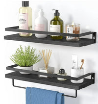 2 Pack Wood Rustic Floating Shelves with Towel Bar