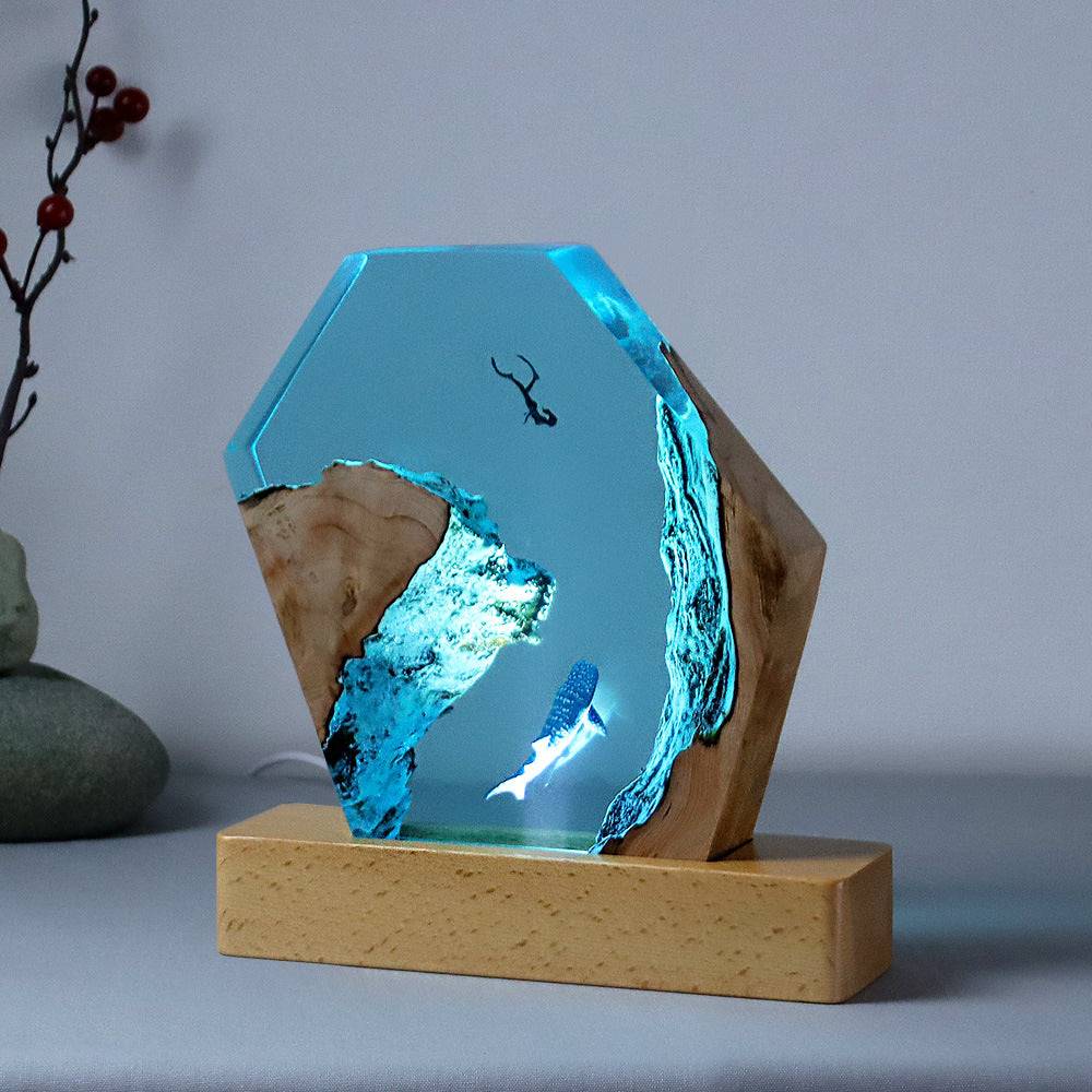 Marine Cave Whale Divers Ornaments Solid Wood Resin Night Light