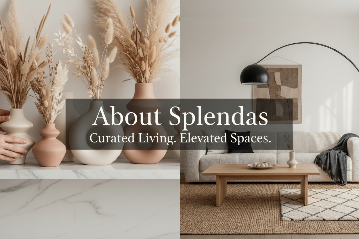 A split-screen lifestyle image showcasing a set of four minimalist ceramic vases in neutral tones. The left panel shows a person's hands adjusting the vases on a white marble shelf, while the right panel shows the vases styled in a modern living room setting next to a black floor lamp and wooden coffee table.