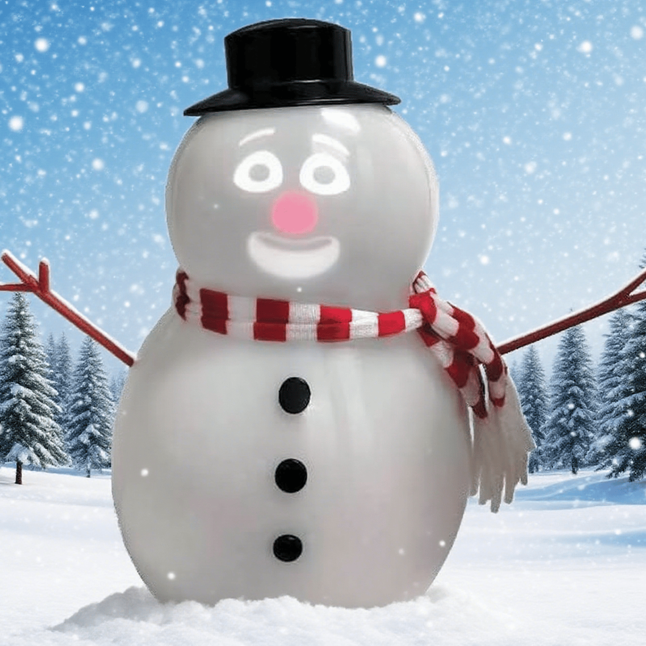 Animated Talking Snowman with a black top hat, red and white scarf, and carrot nose against a snowy background.