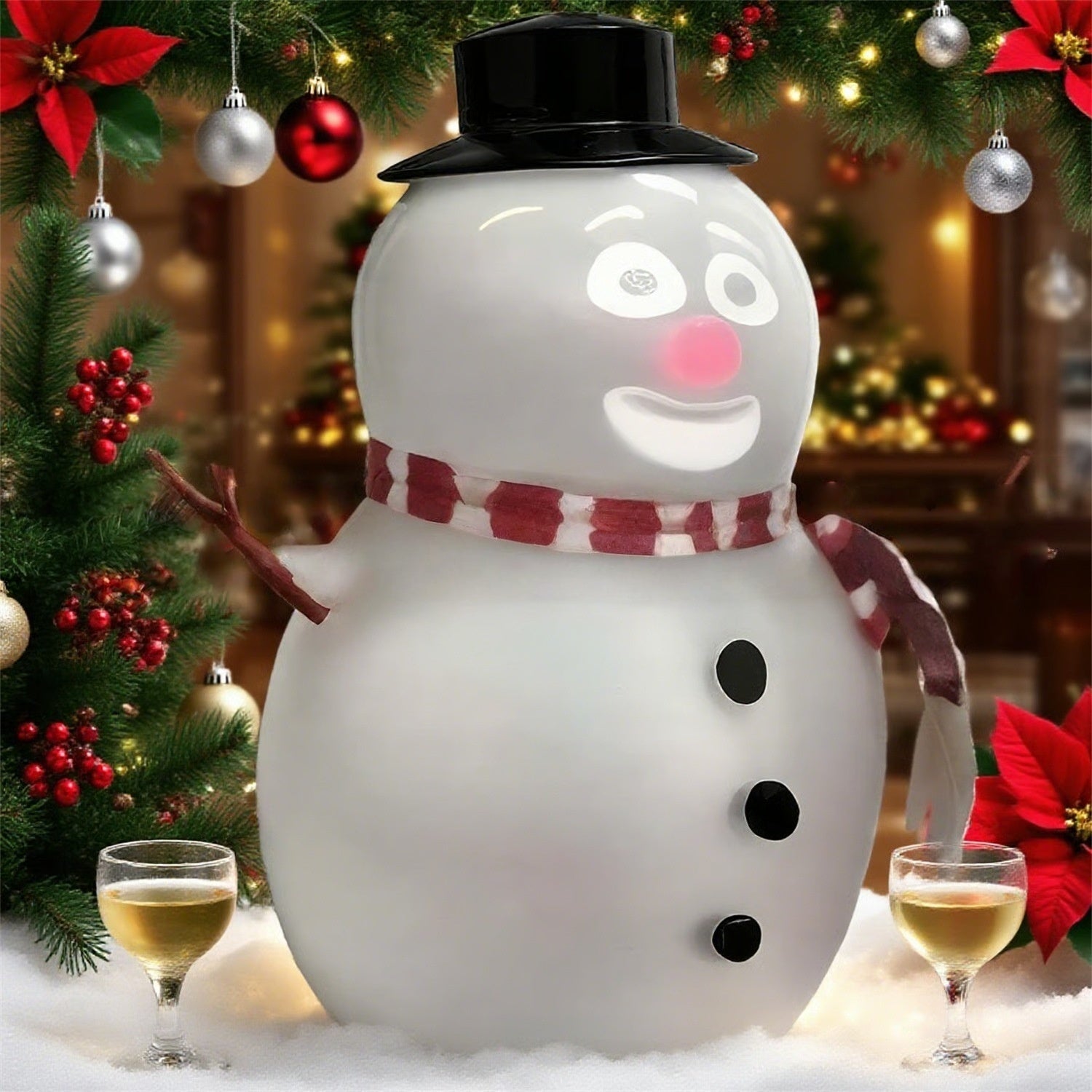 Animated Talking Snowman with a top hat and scarf in a festive setting with Christmas decorations and wine glasses.