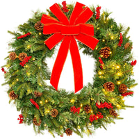 24in Pre-Lit Battery Powered Christmas Wreath Decoration w/ 70 Lights, 96 PVC Tips, Ribbons