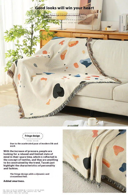 Boho Fringe Throw Blanket - Abstract Paint Splash Sofa Cover | Cream