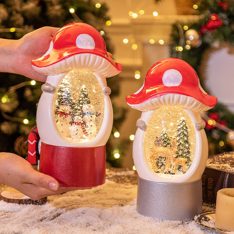 Splendas Christmas mushroom music box snow globe styled in holiday tree lifestyle setting
