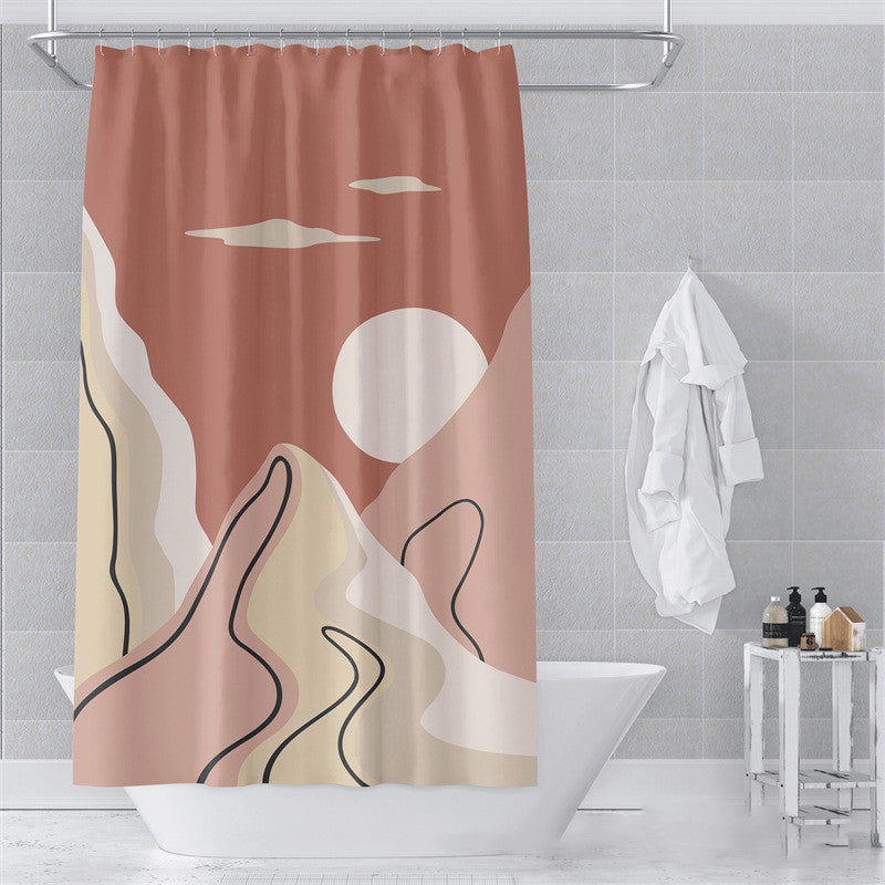 Deeper tone Morandi abstract shower curtain in a moody dark tile bathroom setting
