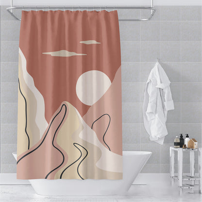 Deeper tone Morandi abstract shower curtain in a moody dark tile bathroom setting
