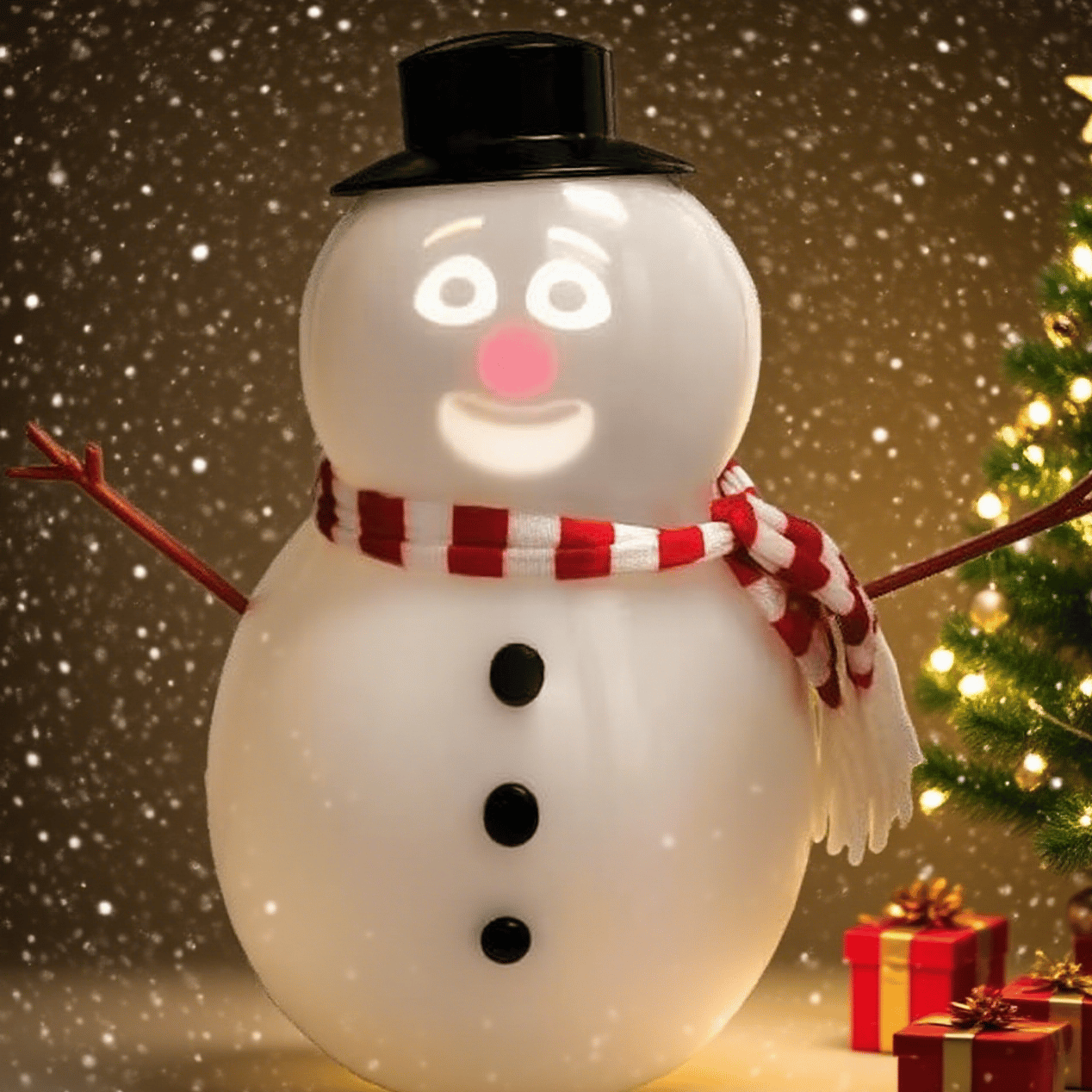 Talking Snowman with a top hat, red scarf, and black buttons against a festive background with a Christmas tree and presents.
