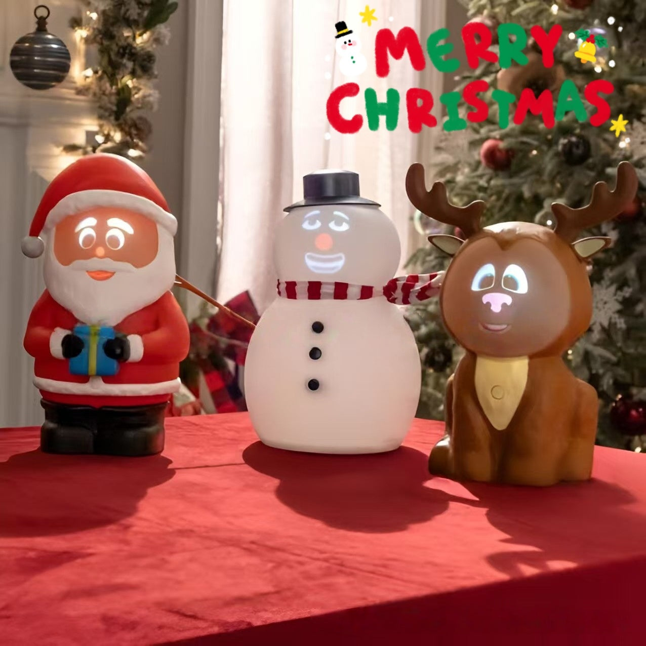 Three Christmas-themed lamps shaped like Santa, snowman, and reindeer on a red surface with 'Merry Christmas' text in the background.