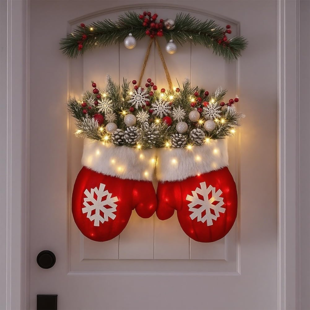 Decorative Christmas door hanger with red mittens, white snowflakes, and festive lights on a white door.