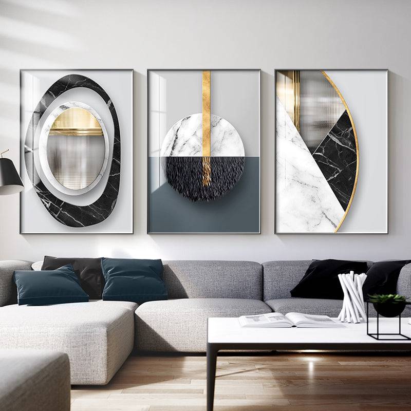 Abstract geometric canvas poster hanging in bedroom