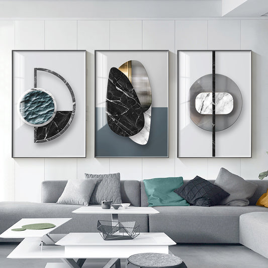 Set of abstract geometric canvas posters displayed together