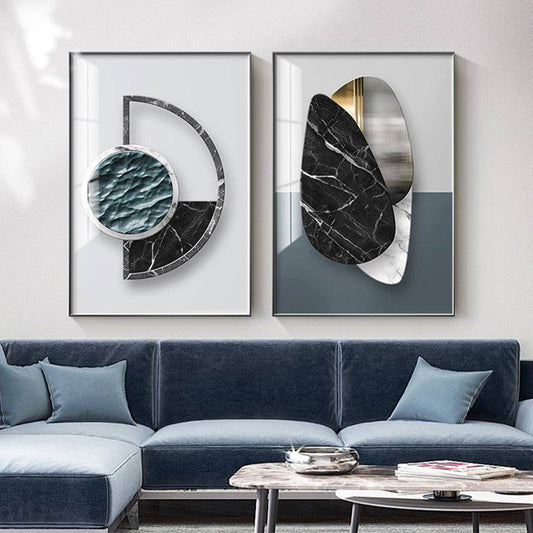Abstract geometric canvas poster styled above sofa