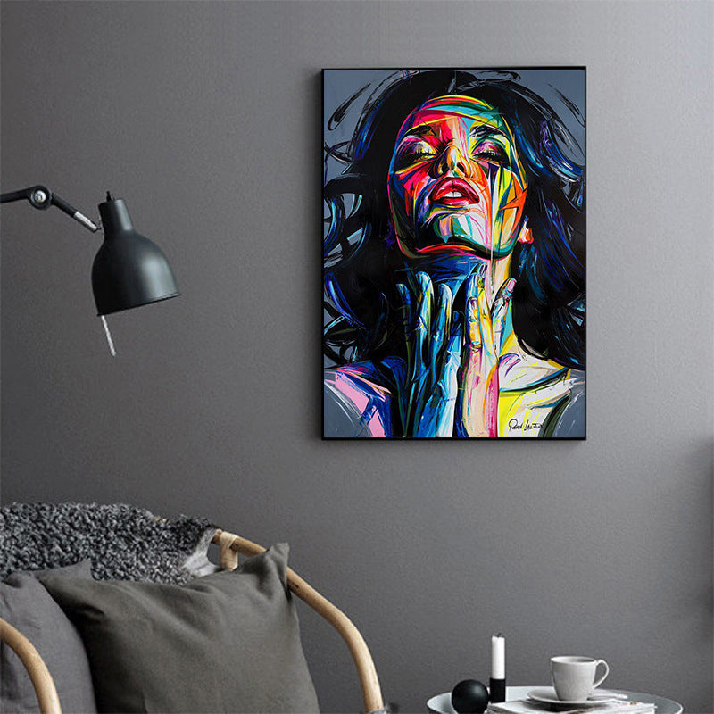 Abstract wall art woman face oil painting hung in modern living room