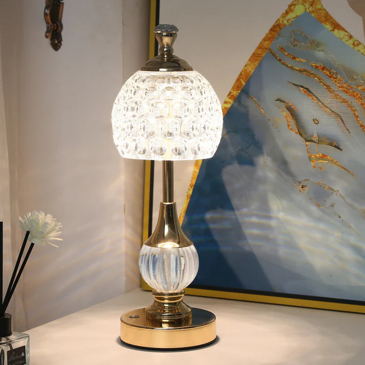 Acrylic crystal touch table lamp mushroom shape gold base in bedroom setting