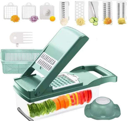 Green all in one manual vegetable slicer set pieces laid out