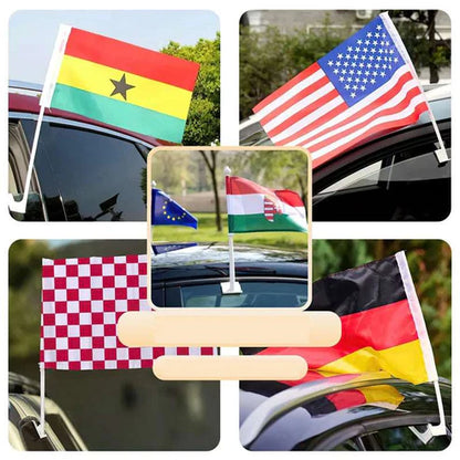 Set of American flags displayed on multiple car windows