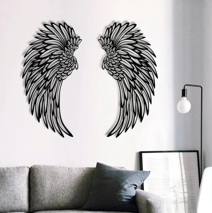 Iron angel wings wall art mounted on bedroom wall